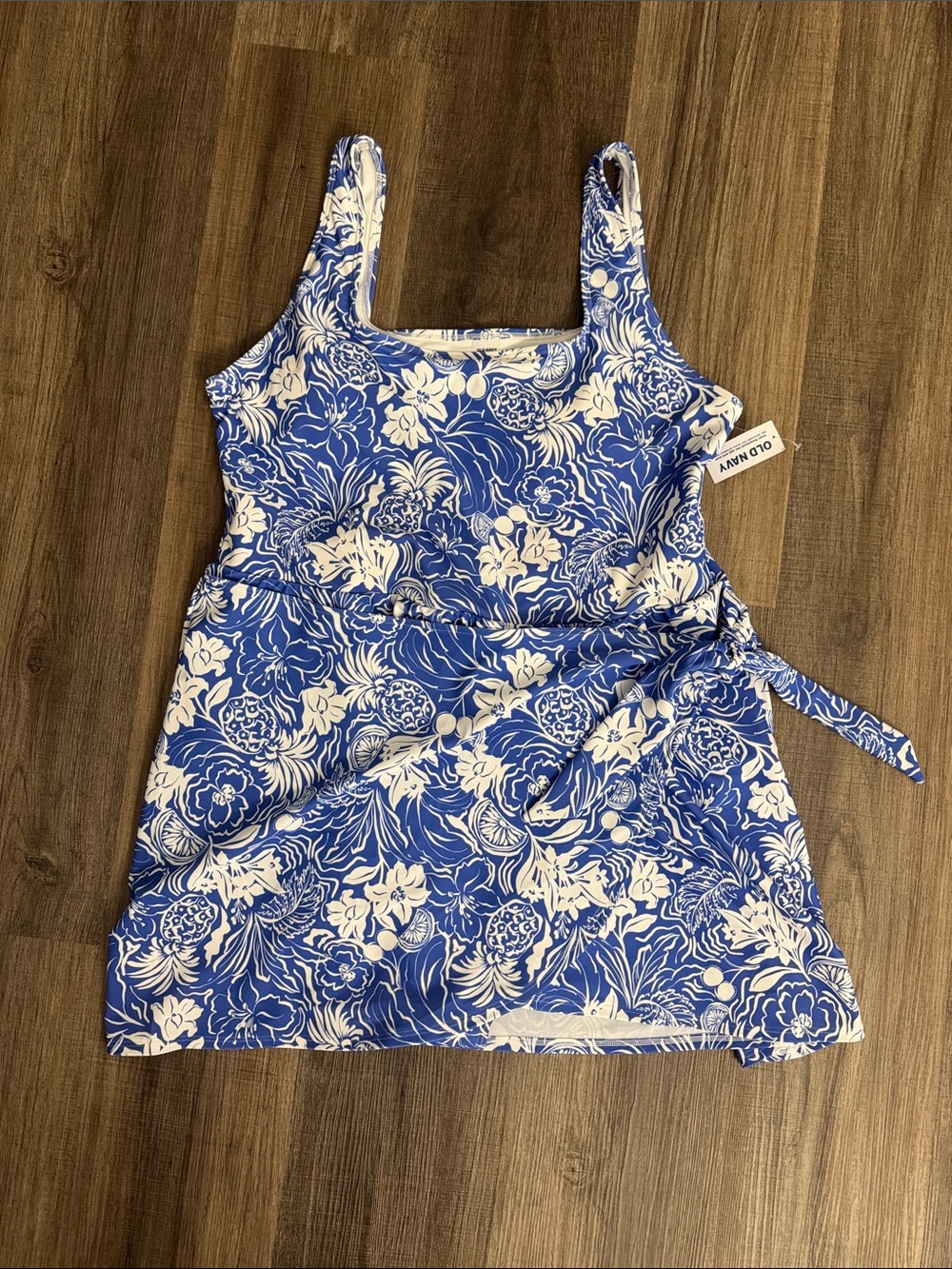 Old Navy Blue and White Floral Tie-Waist One-Piece Swim Dress